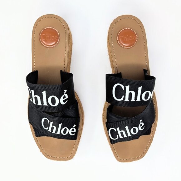 Chloe Shoes - CHLOÉ Woody Wedge Espadrille Platform Sandal Black Canvas Logo Strap EU 41 US 11